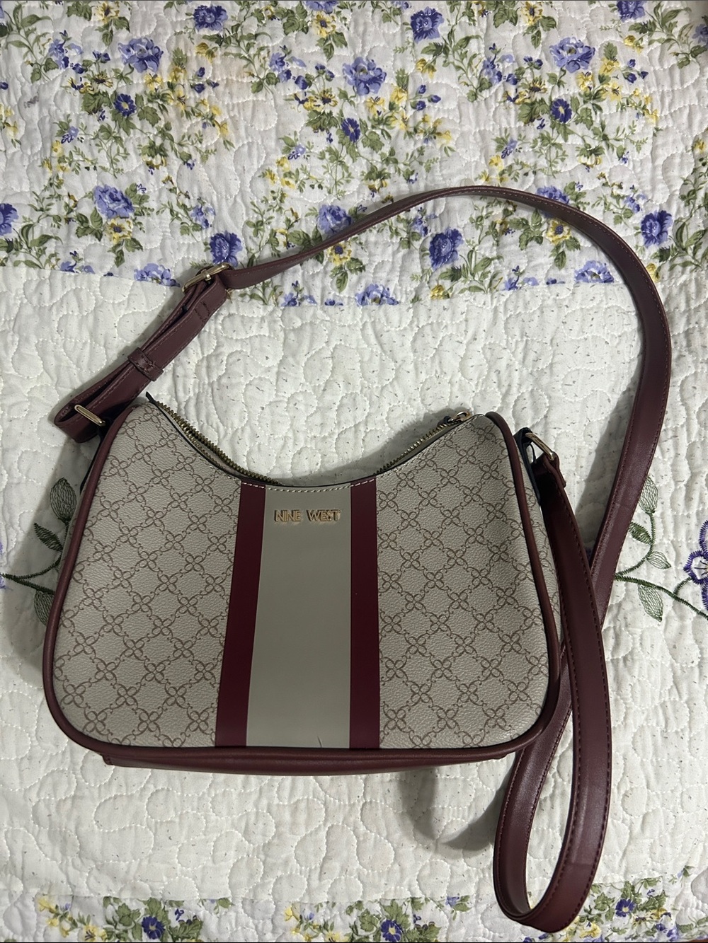 Nine West Beige and Burgundy Stripe Shoulder Bag